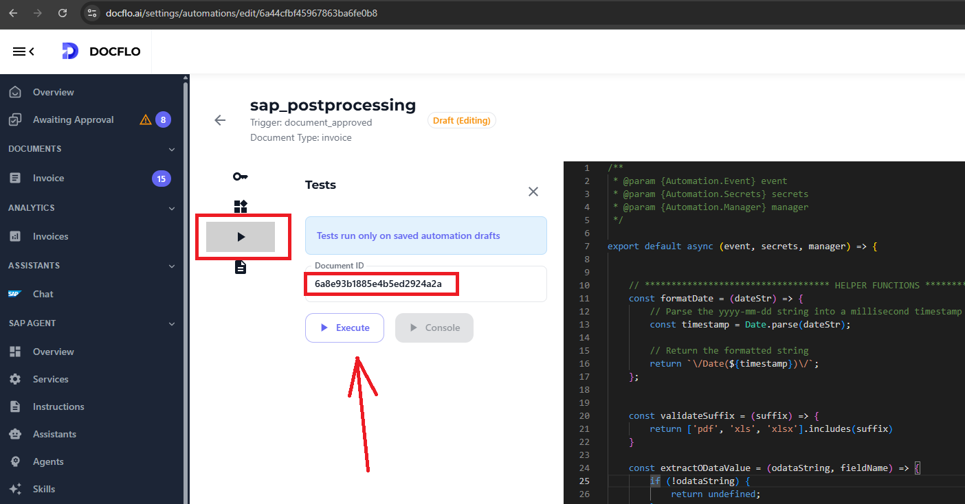 Paste the document ID in the Testing tab and run