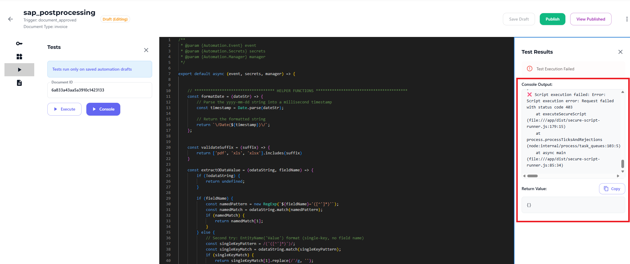 Execution results in the debugging console